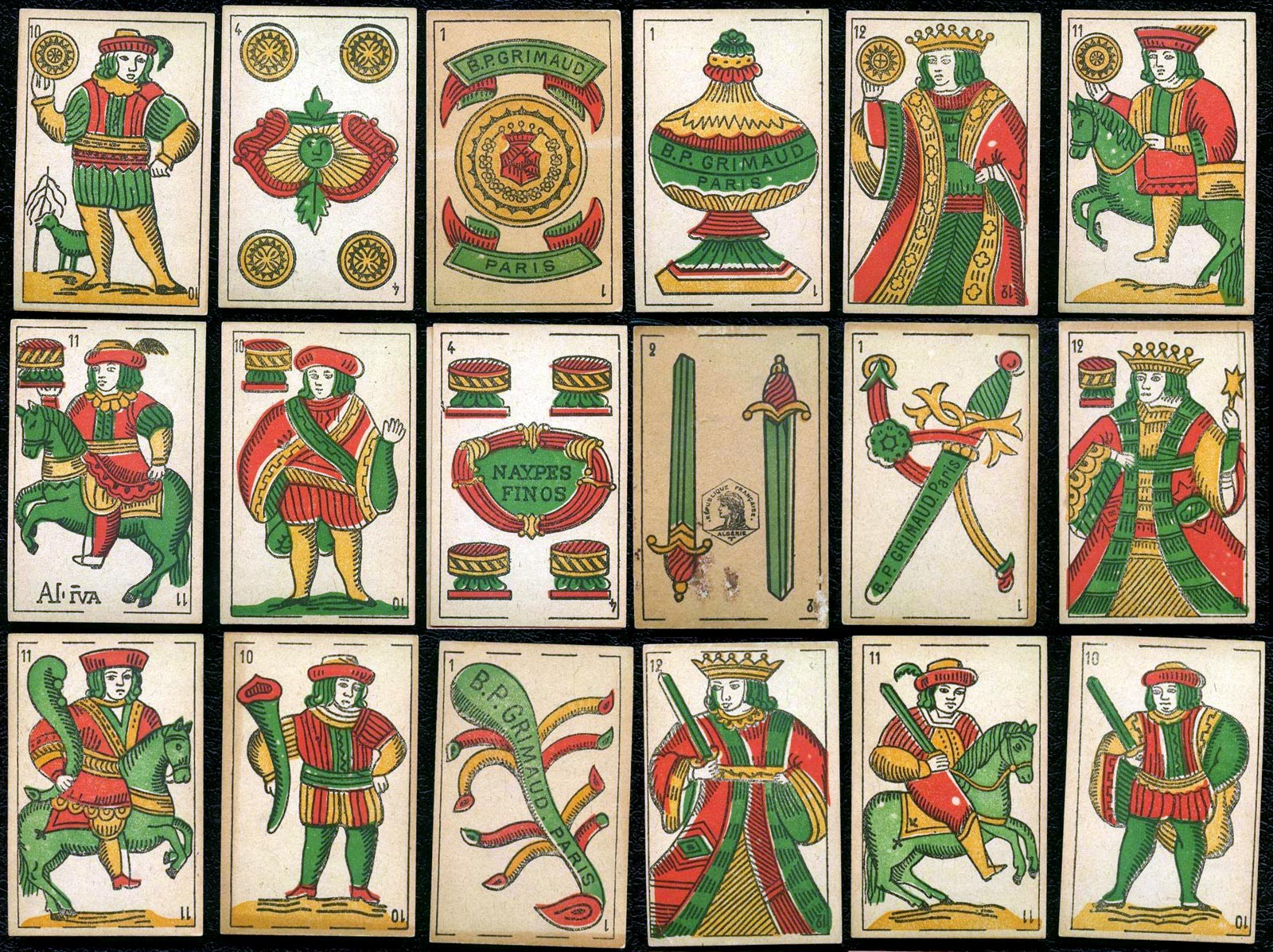 Spanish suited playing cards produced by B. P. Grimaud (Paris) for Algeria, around 1910