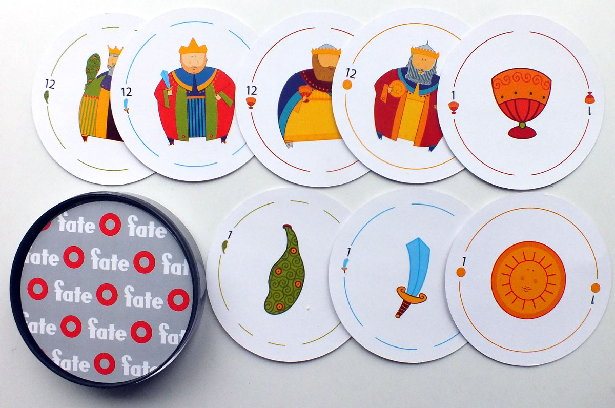 Circular Spanish-suited playing cards for FATE, 2007