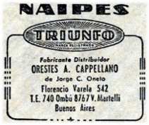 logo on Four of Cups from Naipes TRIUNFO by Orestes A. Cappellano, Buenos Aires, c.1945-55