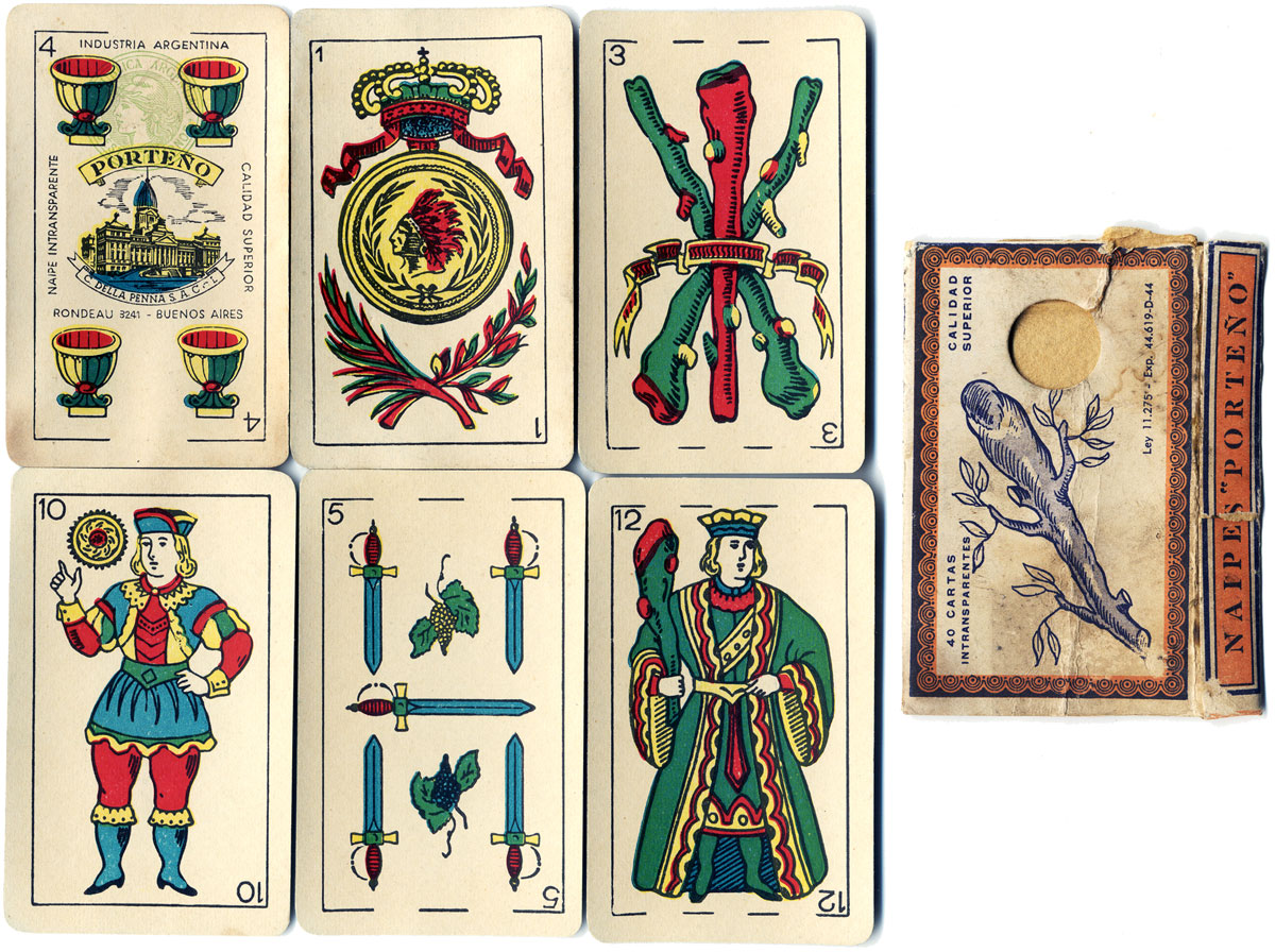 Naipes PORTEÑO Spanish-suited playing cards manufactured by C. Della Penna S.A.C.I., Buenos Aires, c.1955-60