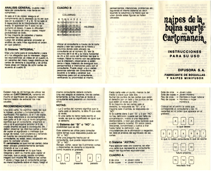 leaflet from Buena Suerte Cartomancy cards published by Difusora S.A., Argentina, c.1975