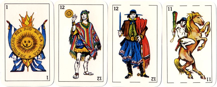 four cards from Naipes Aparcero depicting indigenous tribes four cards from Naipes Aparcero depicting indigenous tribes