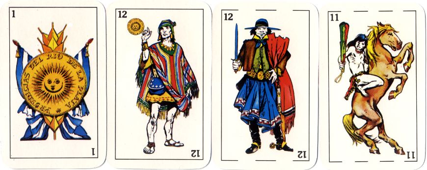 four cards from Naipes Aparcero depicting indigenous tribes