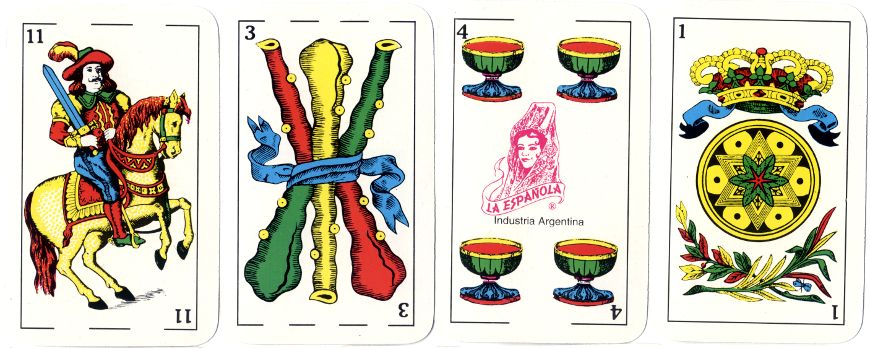 four cards from ‘La Española Classic’ deck with Spanish-suited courts four cards from ‘La Española Classic’ deck with Spanish-suited courts