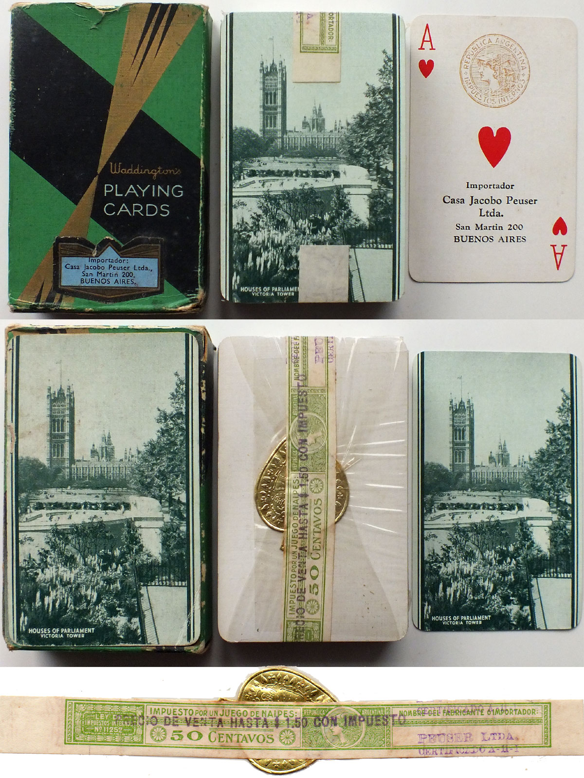 Playing cards featuring the Houses of Parliament / Victoria Tower (London) manufactured in England by John Waddington, imported into Argentina by Casa Jacobo Peuser Ltda, c.1938