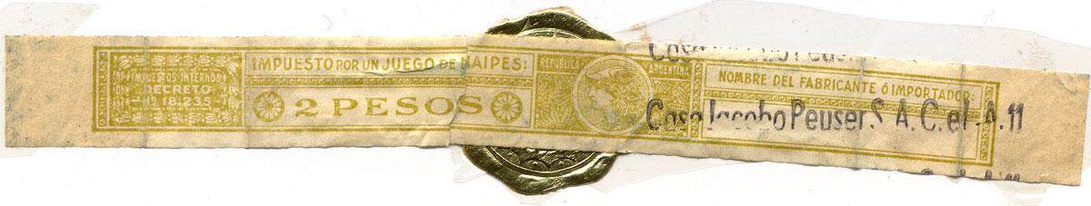 2 Pesos yellow taxband overprinted with Casa Jacobo Peuser S.A.C. e I. Decreto No.18,235, 1944-1964 2 Pesos yellow taxband overprinted with Casa Jacobo Peuser S.A.C. e I. Decreto No.18,235, 1944-1964