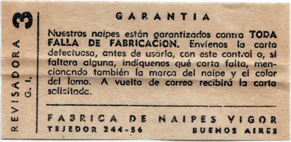 Quality control slip from Naipes CHINITA, c.1955