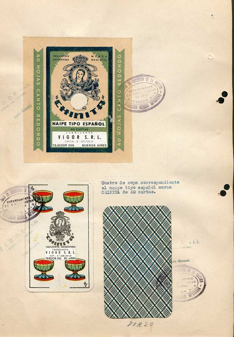 registration document for Naipes Chinita including a sample wrapper, Bs Aires, 1955
