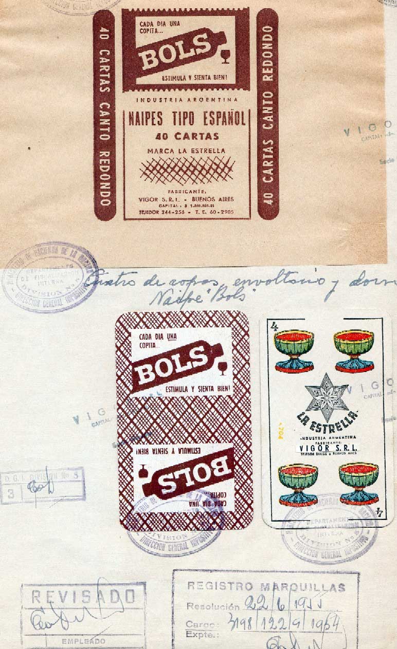 registration document for Naipes Bols including a sample wrapper, Bs Aires, 1955