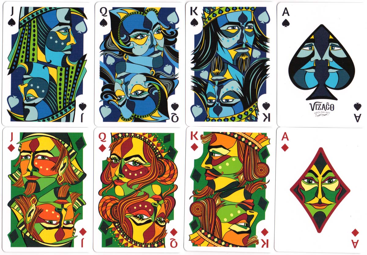Vizaĝo playing cards created by Annette Abolins, 2017