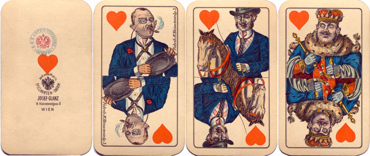 Gigerl-Tarock caricature deck designed by Julius Berndl and manufactured by Joseph Glanz c.1885
