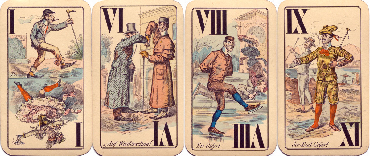 Gigerl-Tarock caricature deck designed by Julius Berndl and manufactured by Joseph Glanz c.1885