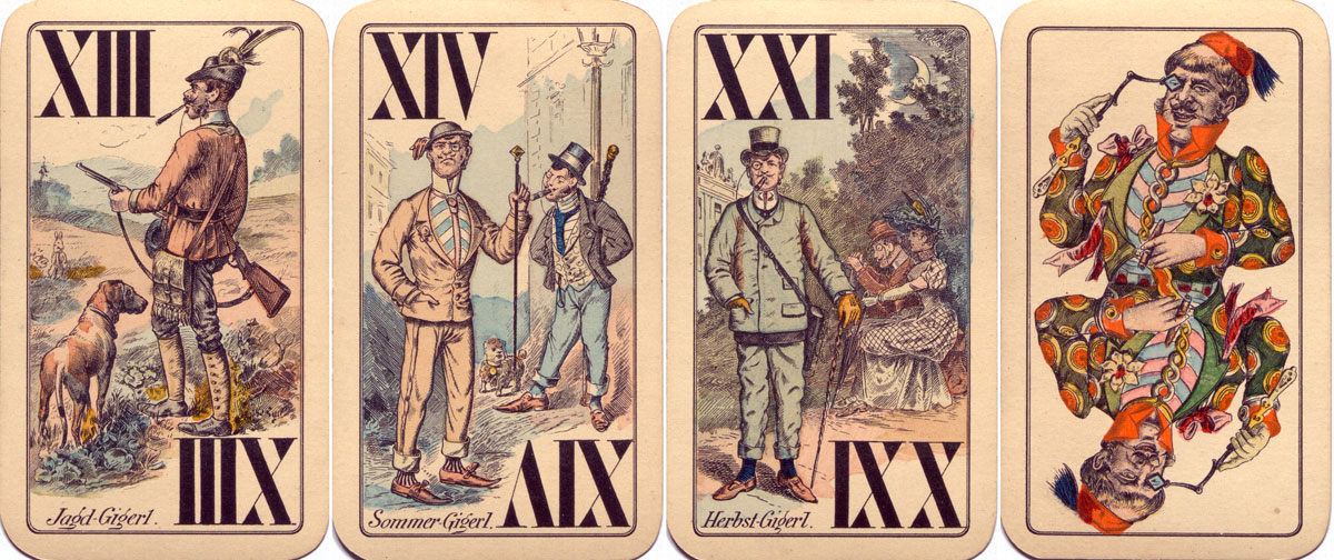 Gigerl-Tarock caricature deck designed by Julius Berndl and manufactured by Joseph Glanz c.1885