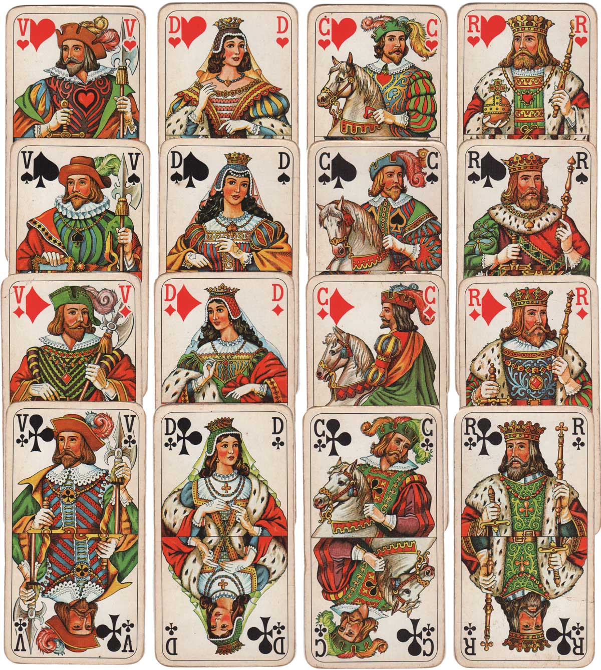 The 16 court cards from Bourgeois Tarot by Piatnik 1987