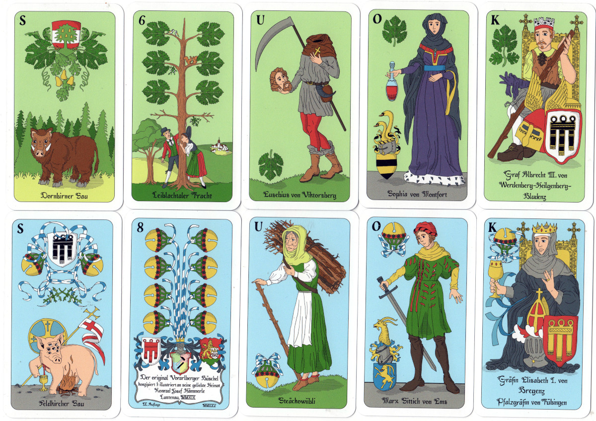 “Vorarlberg Büschel Jasskarten” designed by artist and typographer Konrad Hämmerle from Vorarlberg, printed by Ferd. Piatnik in Vienna, 2019.