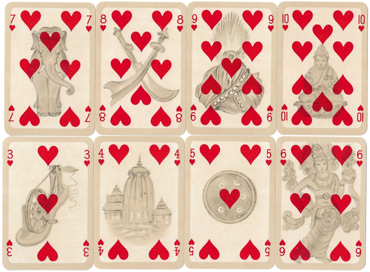 Numeral cards from Bernhard Altmann's Cashmere Playing Cards printed by Ferd. Piatnik & Sons, c.1950s