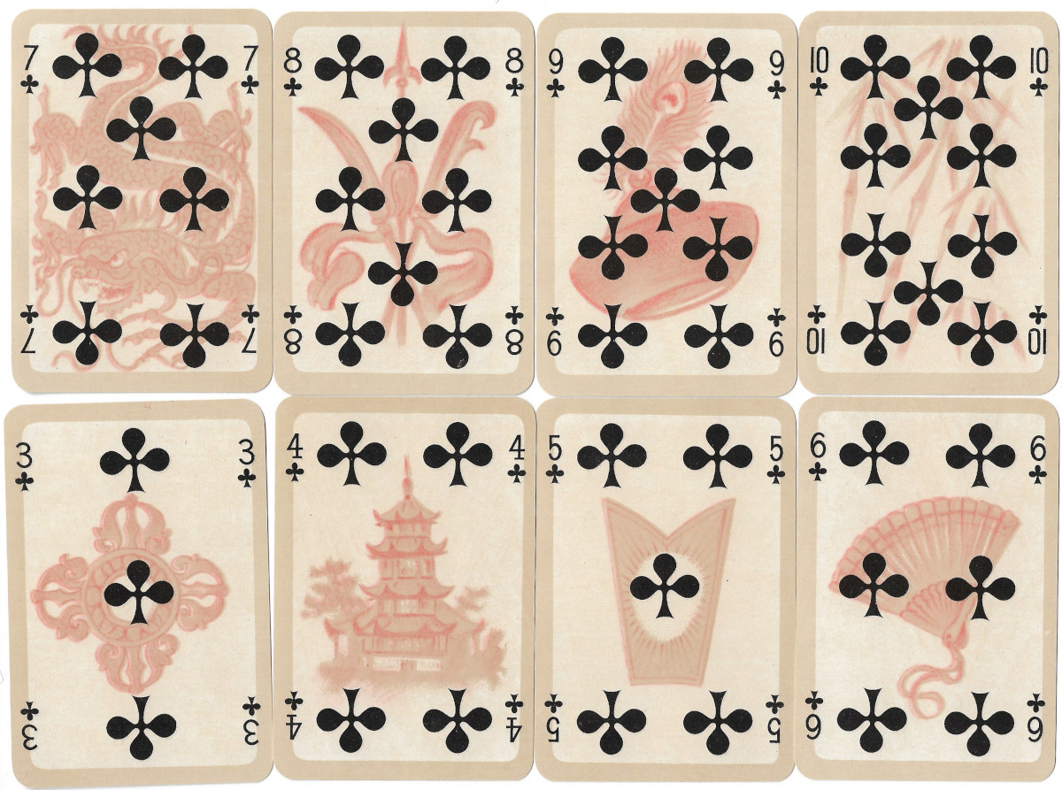 Numeral cards from Bernhard Altmann's Cashmere Playing Cards printed by Ferd. Piatnik & Sons, c.1950s