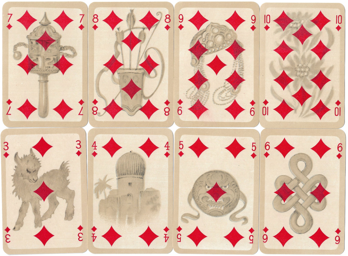 Numeral cards from Bernhard Altmann's Cashmere Playing Cards printed by Ferd. Piatnik & Sons, c.1950s