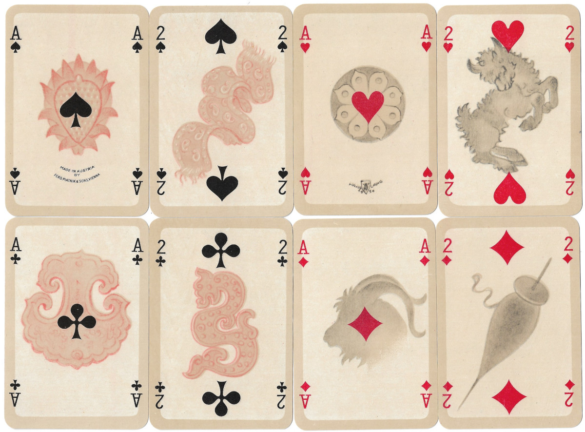 Numeral cards from Bernhard Altmann's Cashmere Playing Cards printed by Ferd. Piatnik & Sons, c.1950s