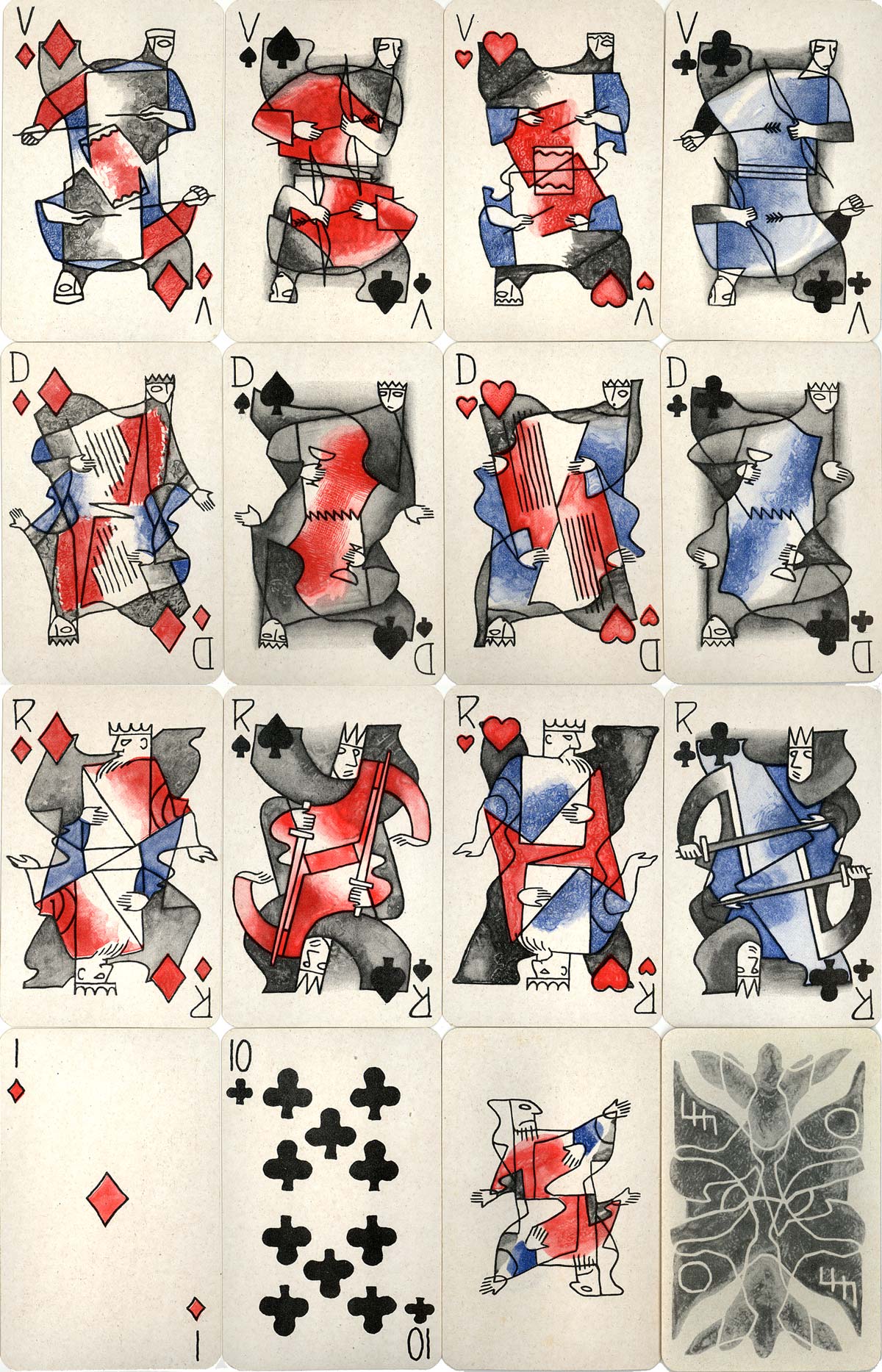 Cubist style playing cards designed by Renée Sturbelle, 1947