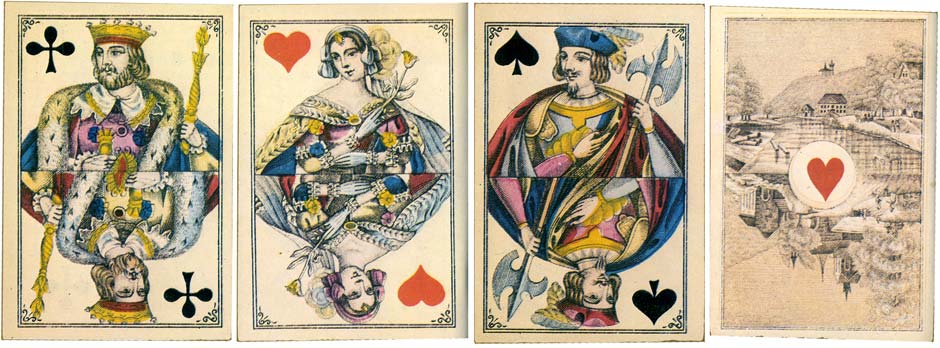 Bongoût pattern playing cards with special scenic Aces for Brazil manufactured by A. Van Genechten, 1870