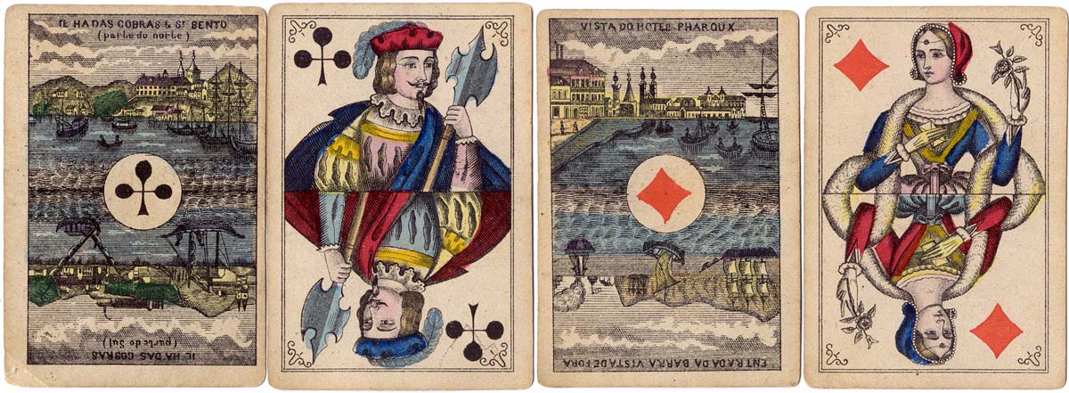 Bongoût pattern playing cards with special scenic Aces for Brazil manufactured by A. Van Genechten, Belgium, 1870