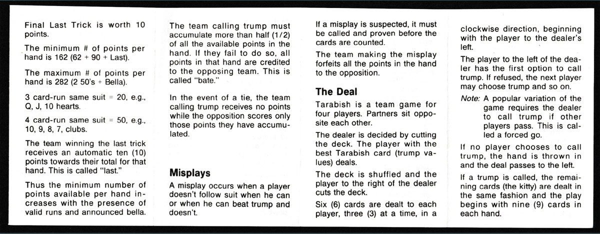 Tarabish playing cards developed and distributed by Ocean Promotion, Sydney, N.S., Canada, c1990