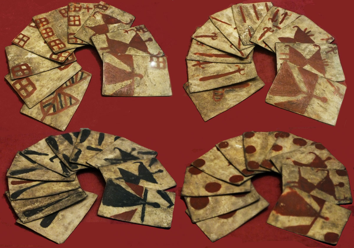 Spanish-suited playing cards made on rawhide and used by the Mapuche Indians, Chile, XVI-XVII century