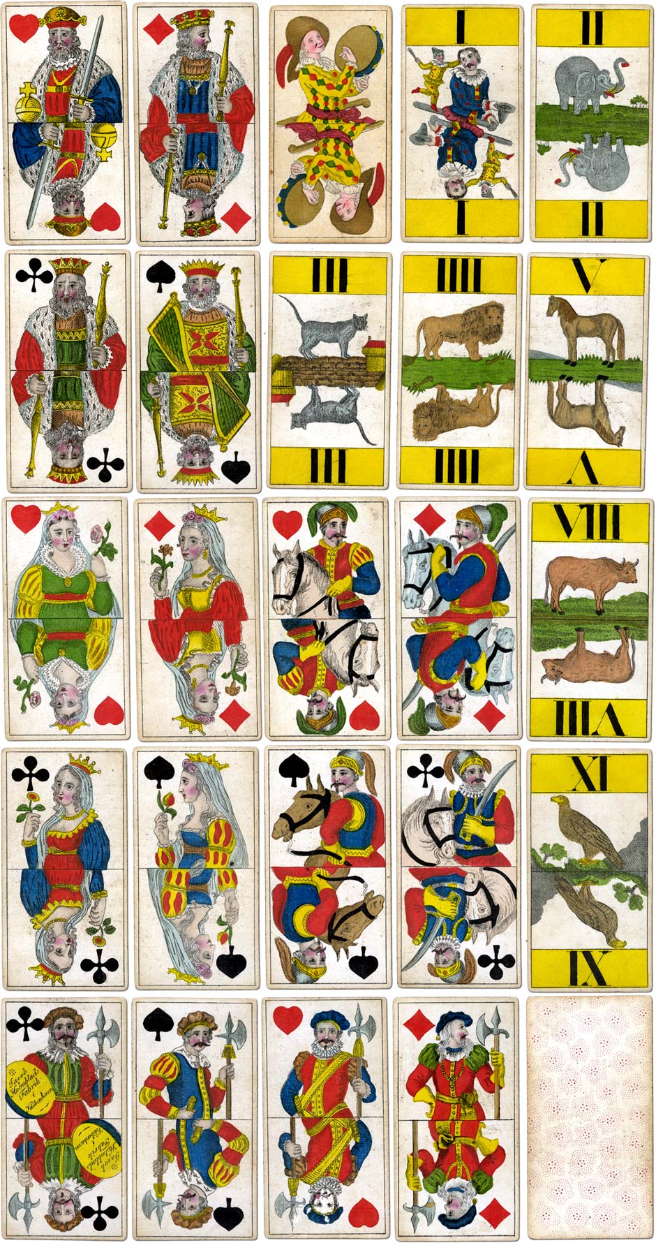 Jacob Holmblad's Animal Tarot cards, c.1835, coloured with stencils