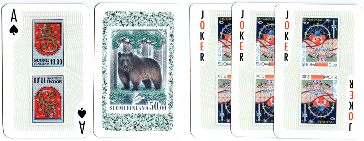 Playing cards featuring a selection of Finland's postage stamps made by Nelostuote Oy (Tactic Games), Pori, Finland