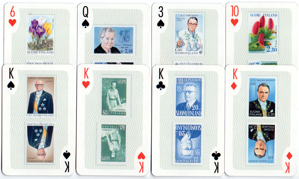 Playing cards featuring a selection of Finland's postage stamps made by Nelostuote Oy (Tactic Games), Pori, Finland