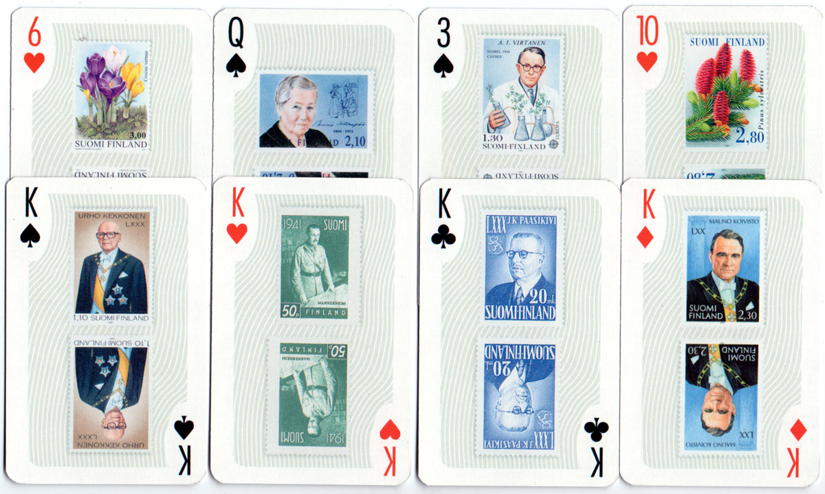 Playing cards featuring a selection of Finland's postage stamps made by Nelostuote Oy (Tactic Games), Pori, Finland Playing cards featuring a selection of Finland's postage stamps made by Nelostuote Oy (Tactic Games), Pori, Finland