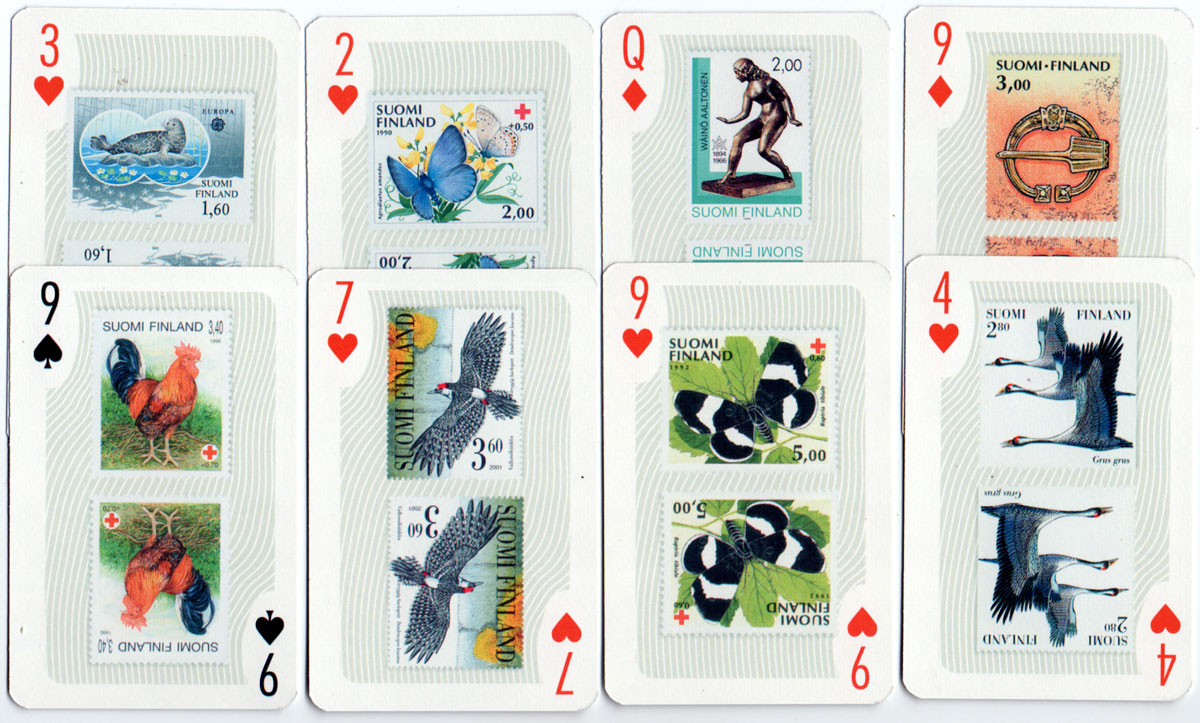 Playing cards featuring a selection of Finland's postage stamps made by Nelostuote Oy (Tactic Games), Pori, Finland