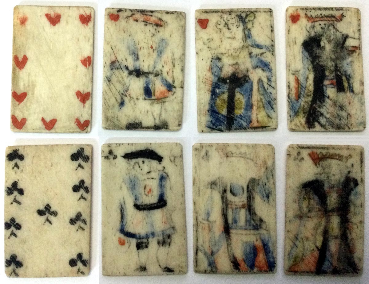 miniature French playing cards painted on bone