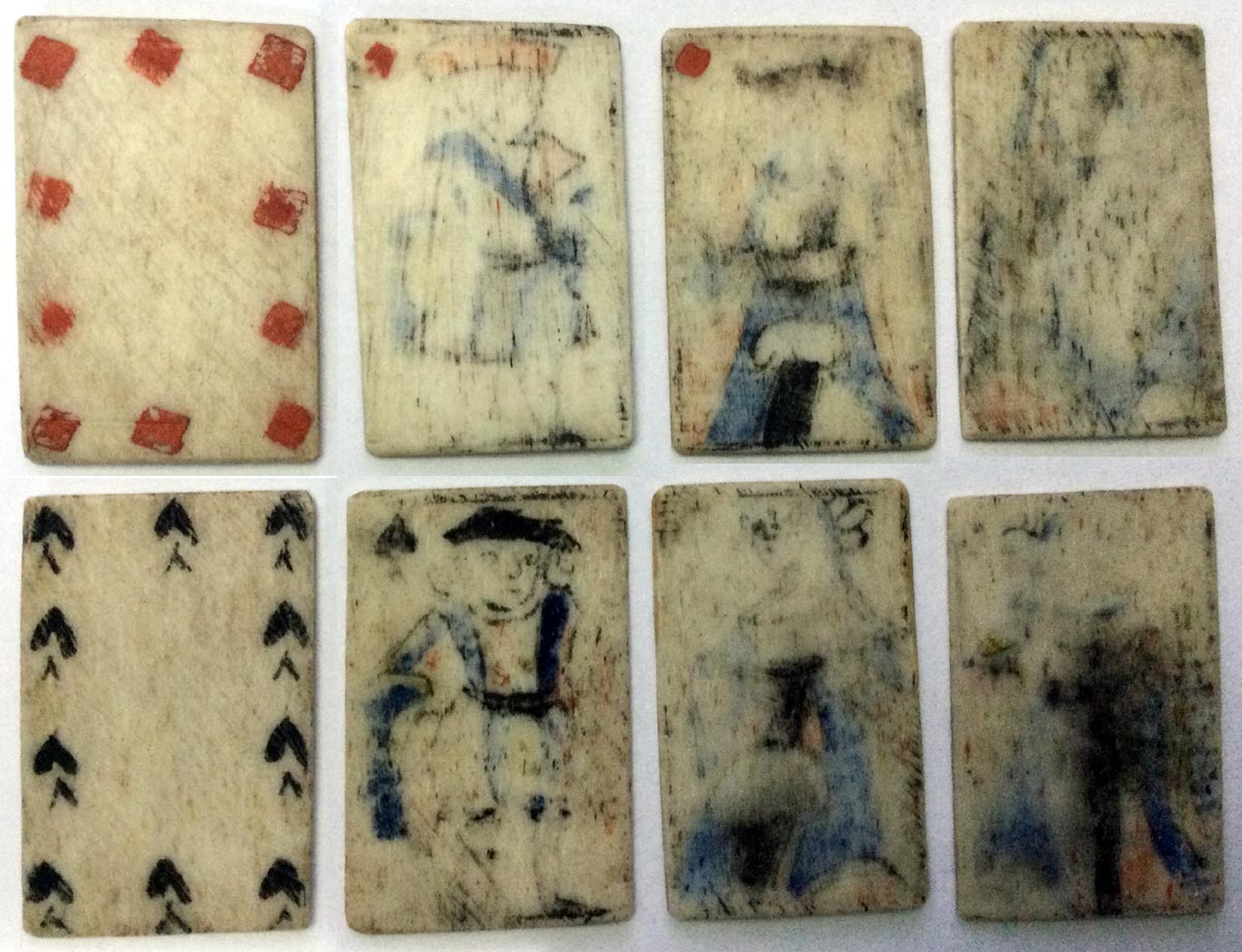 miniature French playing cards painted on bone