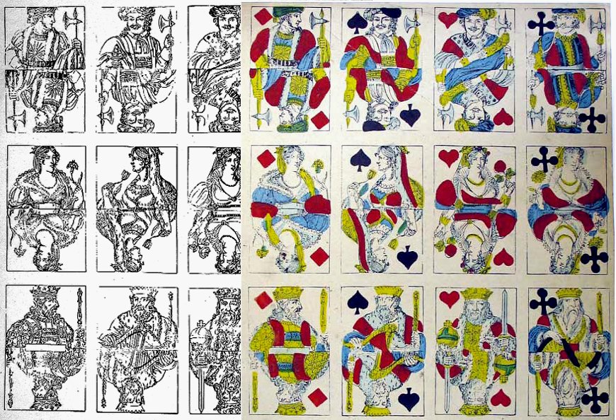 uncoloured and stencil-coloured versions of Hamburg pattern by Dieudonné, c.1850