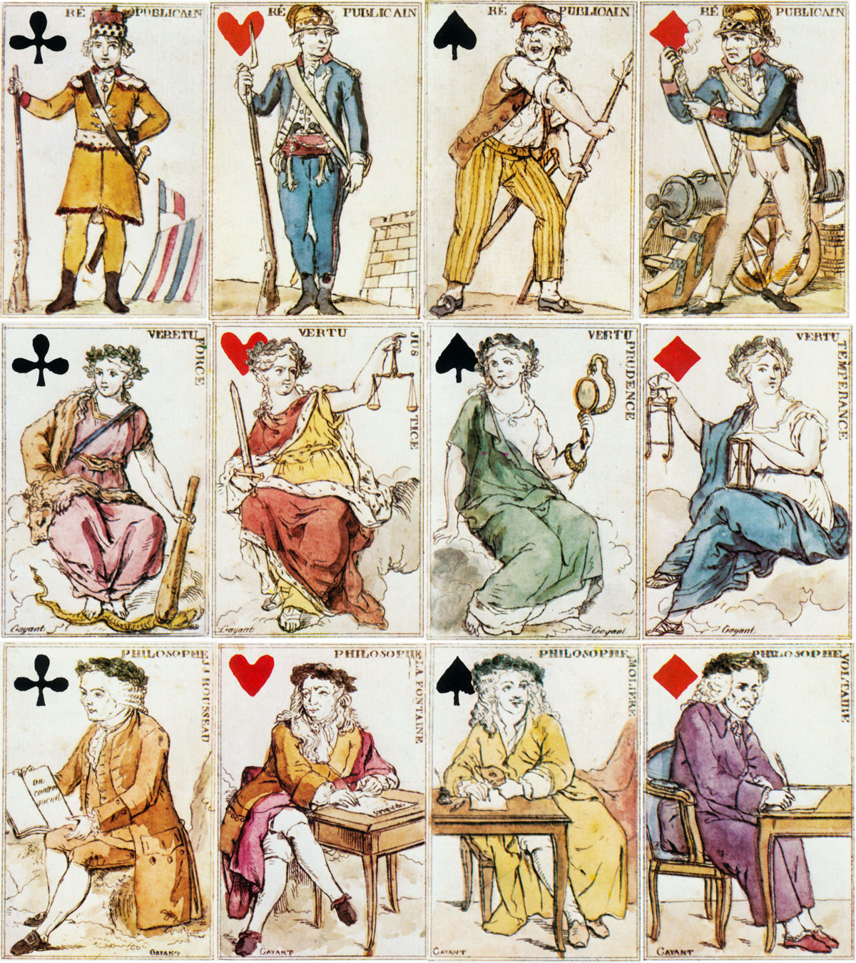 cards from facsimile edition of “Jeu des Philosophes de l’An II” published by Éditions Dusserre (Boéchat Frères), Paris