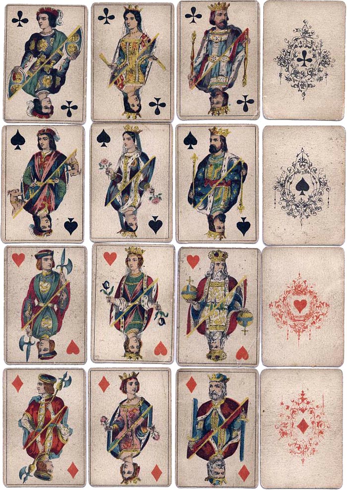 cards from a stencil-coloured pack with double-ended courts by O. Gibert, mid-19th century Paris