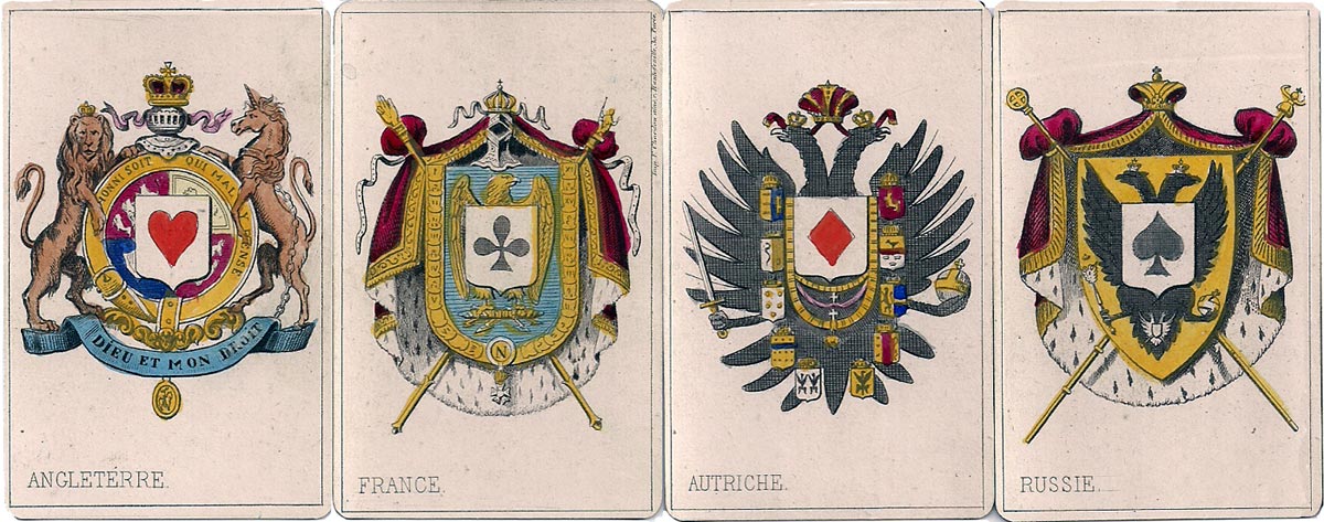 The four aces carry the arms of England, the imperial arms of France and the arms of Austria and Russia The four aces carry the arms of England, the imperial arms of France and the arms of Austria and Russia
