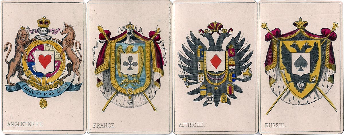 The four aces carry the arms of England, the imperial arms of France and the arms of Austria and Russia