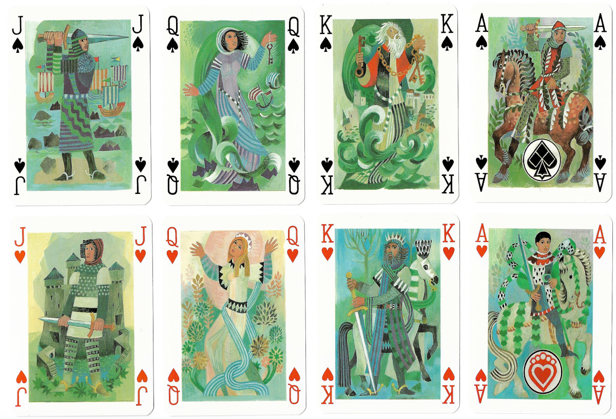 Les Chevaliers de la Table Ronde Arthurian playing cards illustrated by Jean Bruneau and published by Grimaud / France Cartes, 1986<