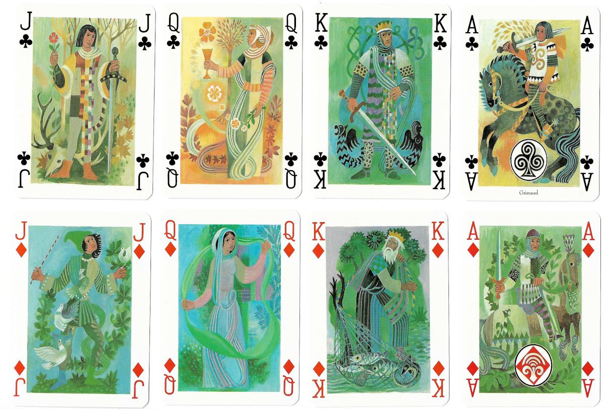 Les Chevaliers de la Table Ronde Arthurian playing cards illustrated by Jean Bruneau and published by Grimaud / France Cartes, 1986<