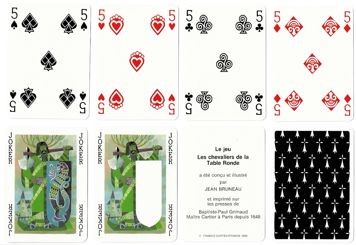 Les Chevaliers de la Table Ronde Arthurian playing cards illustrated by Jean Bruneau and published by Grimaud / France Cartes, 1986<