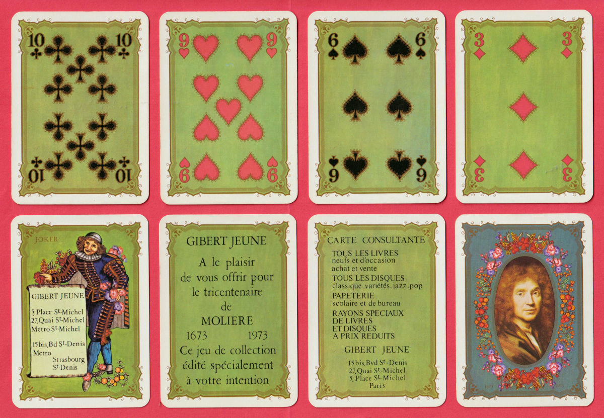 Molière tricentenary playing cards published by Gibert Jeune bookshop, made by B.P. Grimaud, Saint-Max, France, 1973