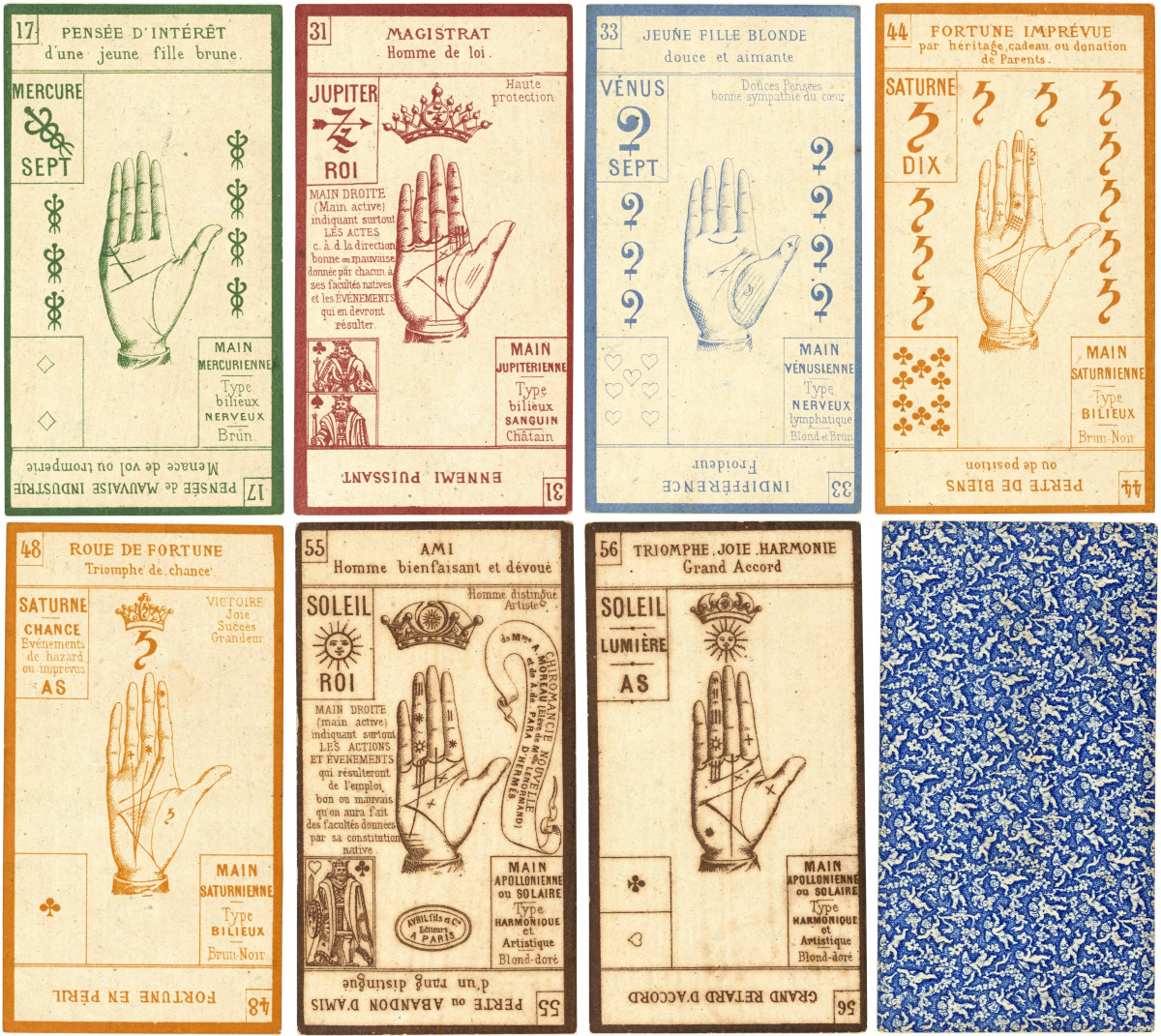 Grand jeu de la main divination cards published by Avril fils et Cie, Paris, ca 1890, Bibliothèque nationale de France