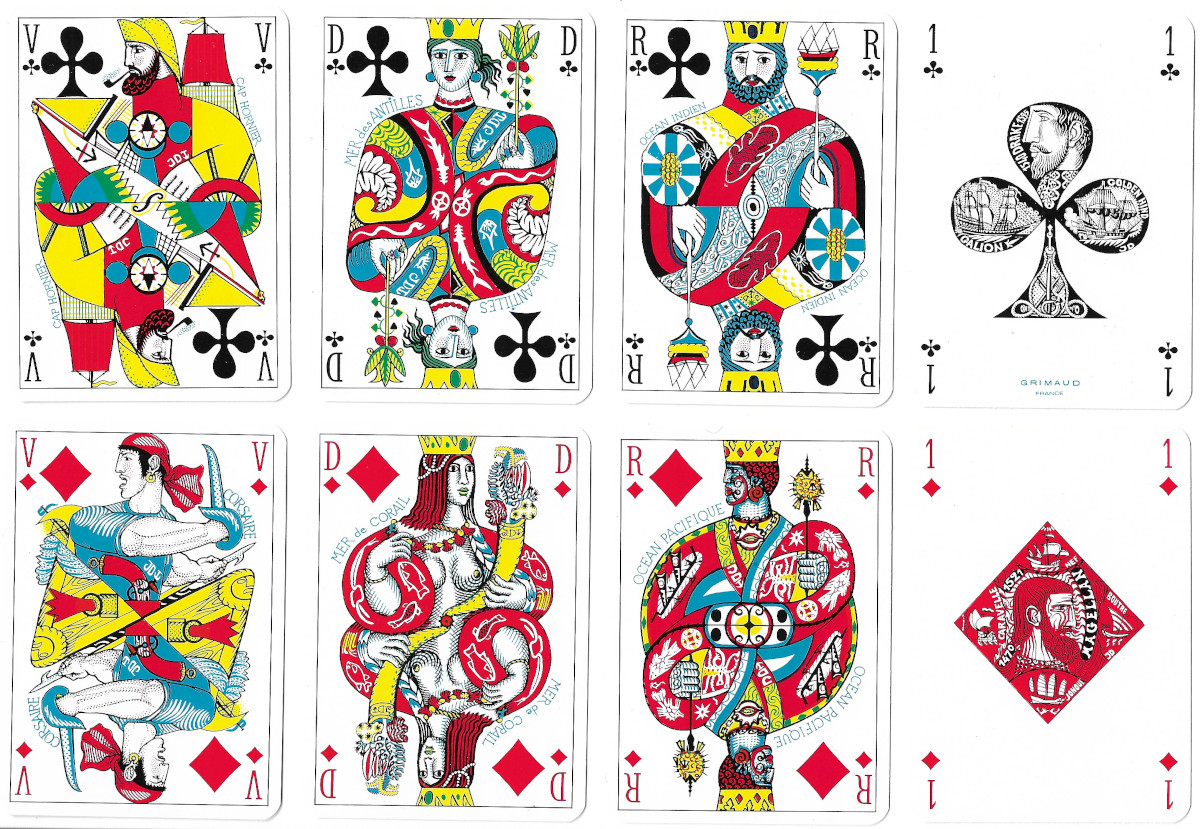 Les Grands Navigateurs playing cards illustrated by Jean Delpech and printed by J.M Simon, Nancy, 1976