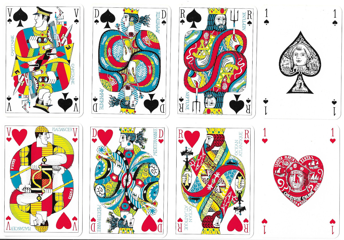Les Grands Navigateurs playing cards illustrated by Jean Delpech and printed by J.M Simon, Nancy, 1976