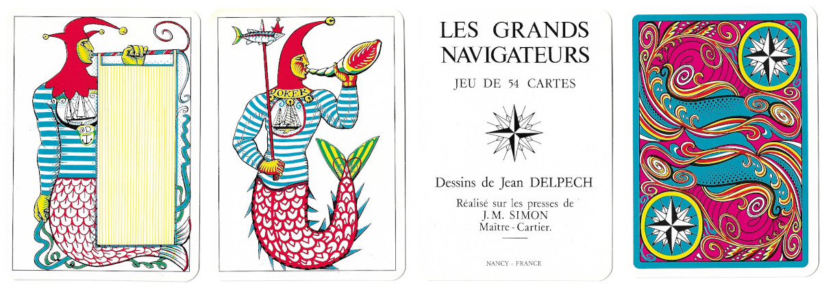 Les Grands Navigateurs playing cards illustrated by Jean Delpech and printed by J.M Simon, Nancy, 1976