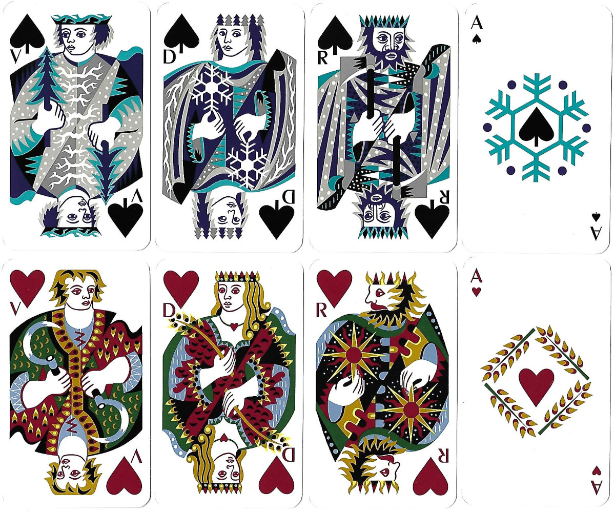 Les Quatre Saisons playing cards designed by Jean Picart Le Doux first published in 1964 and reissued on behalf of Pont-A-Mousson Ltd, printed by Baptiste-Paul Grimaud, Paris, 1983