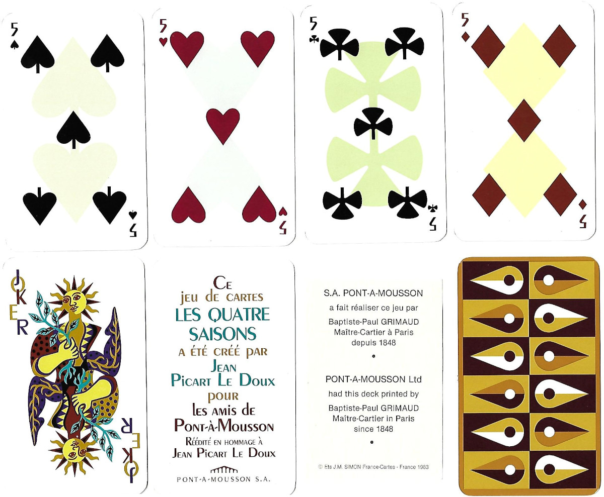 Les Quatre Saisons playing cards designed by Jean Picart Le Doux first published in 1964 and reissued on behalf of Pont-A-Mousson Ltd, printed by Baptiste-Paul Grimaud, Paris, 1983
